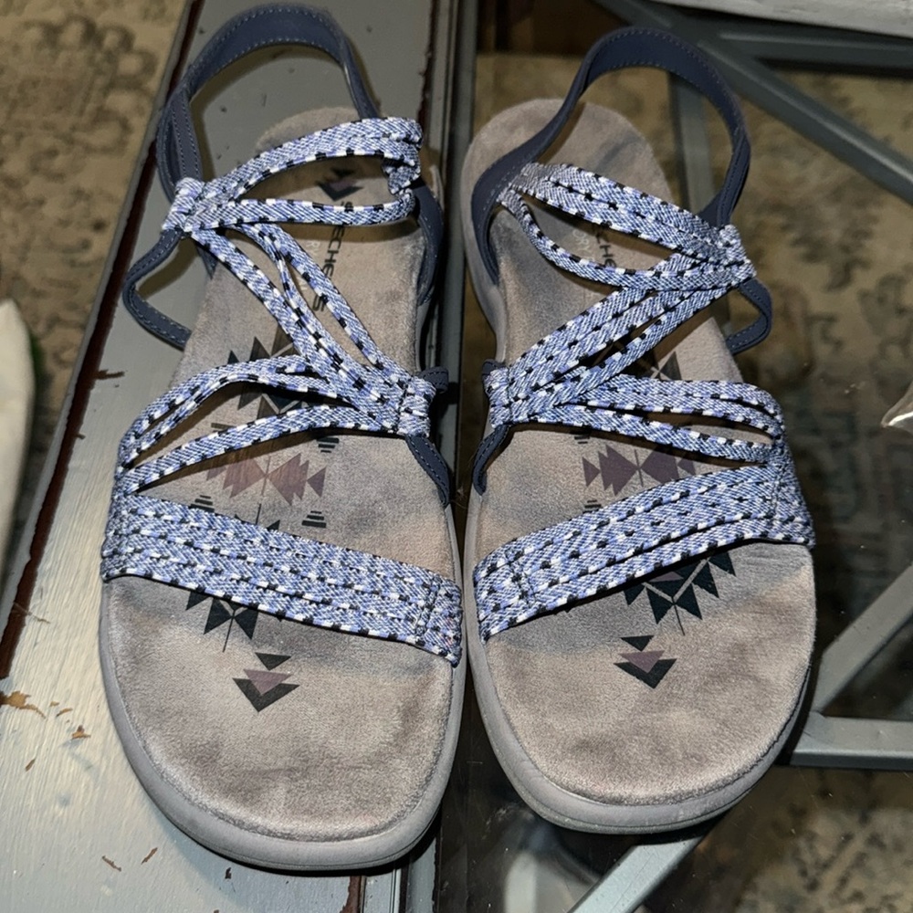 SKECHERS Memory Foam Blue White Strappy Slip On Sandals Size 8